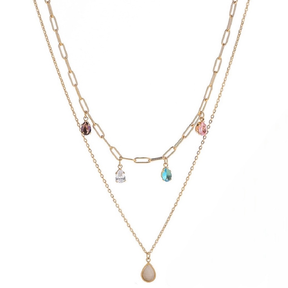 Gold Layered Pendant Necklace with Multi-Colored Gem Accents